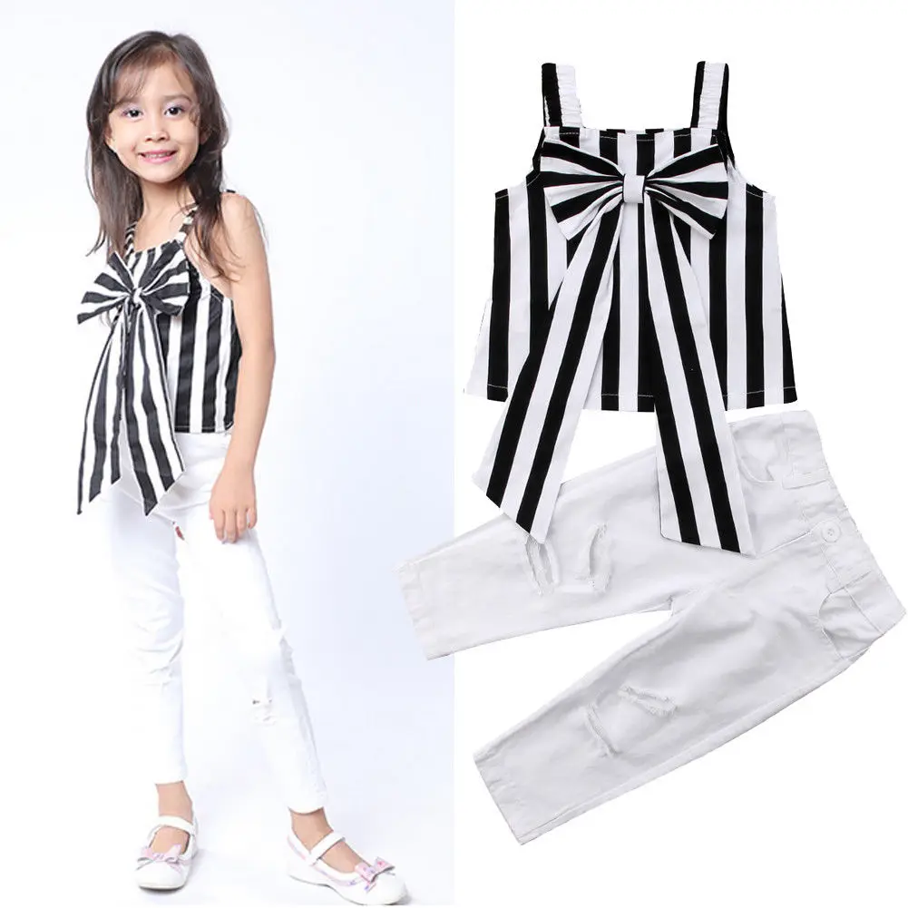 

AA Girls Summer Clothes Set Newest Children Girl Striped Bowknot Vest+ White Ripped Pants Legging 2PCS Kids Girls Outfits