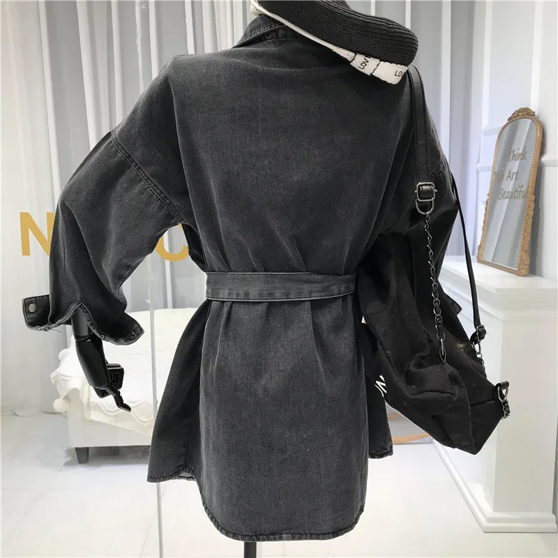 

2020 New Spring Fall Single Breasted Irregular Denim Shirt Retro Women's Belt Waist Long Sleeve Jeans Blouse Casual Blusas Tops