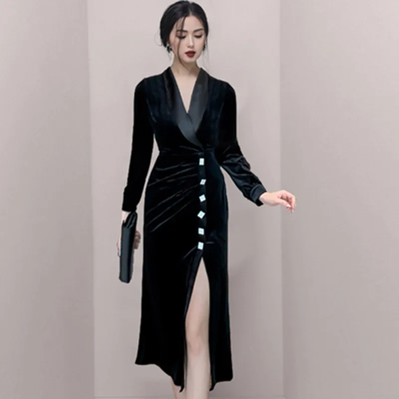 

Winter New Vintage Hepburn Velvet Dresses French Style Slim Split Office Black Pencil Dress Party Sheath Bodycon Vestidos