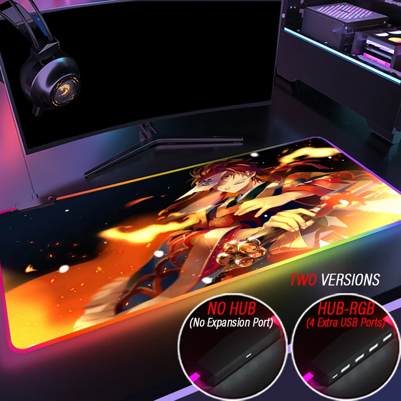 Creative Giyuu RGB Custom DIY Gaming Mousepad Led Backlit Mouse Pad Demon Slayer Locking Edge Washable Mat With HUB 4 Port USB