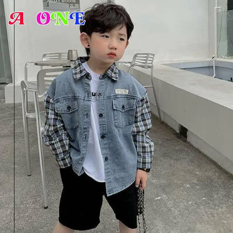 

Spring autumn kids blouse boys shirts children clothes baby Denim shirt fashion plaid patchwork boys outfits 2T -10Yrs