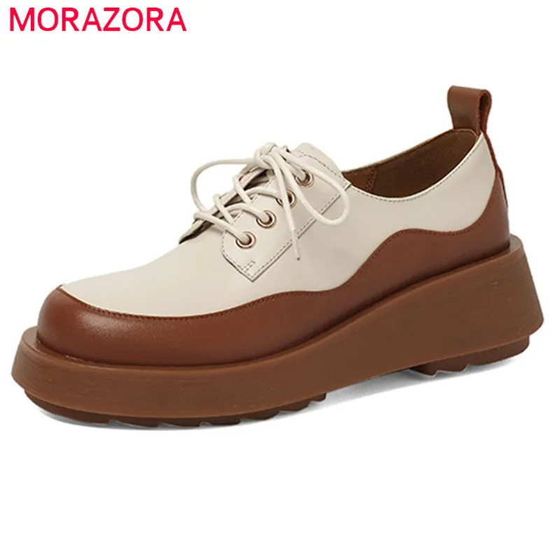 

MORAZORA 2022 Lace Up Single Shoes Women Flat Platform Shoes Mixed Color Spring Autumn Casual Shoes Women Genuine Leather Shoes