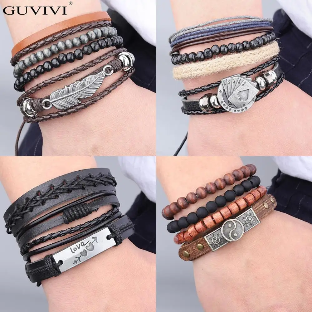 Многослойные плетеные кожаные браслеты для мужчин винтажные с листьями перьями