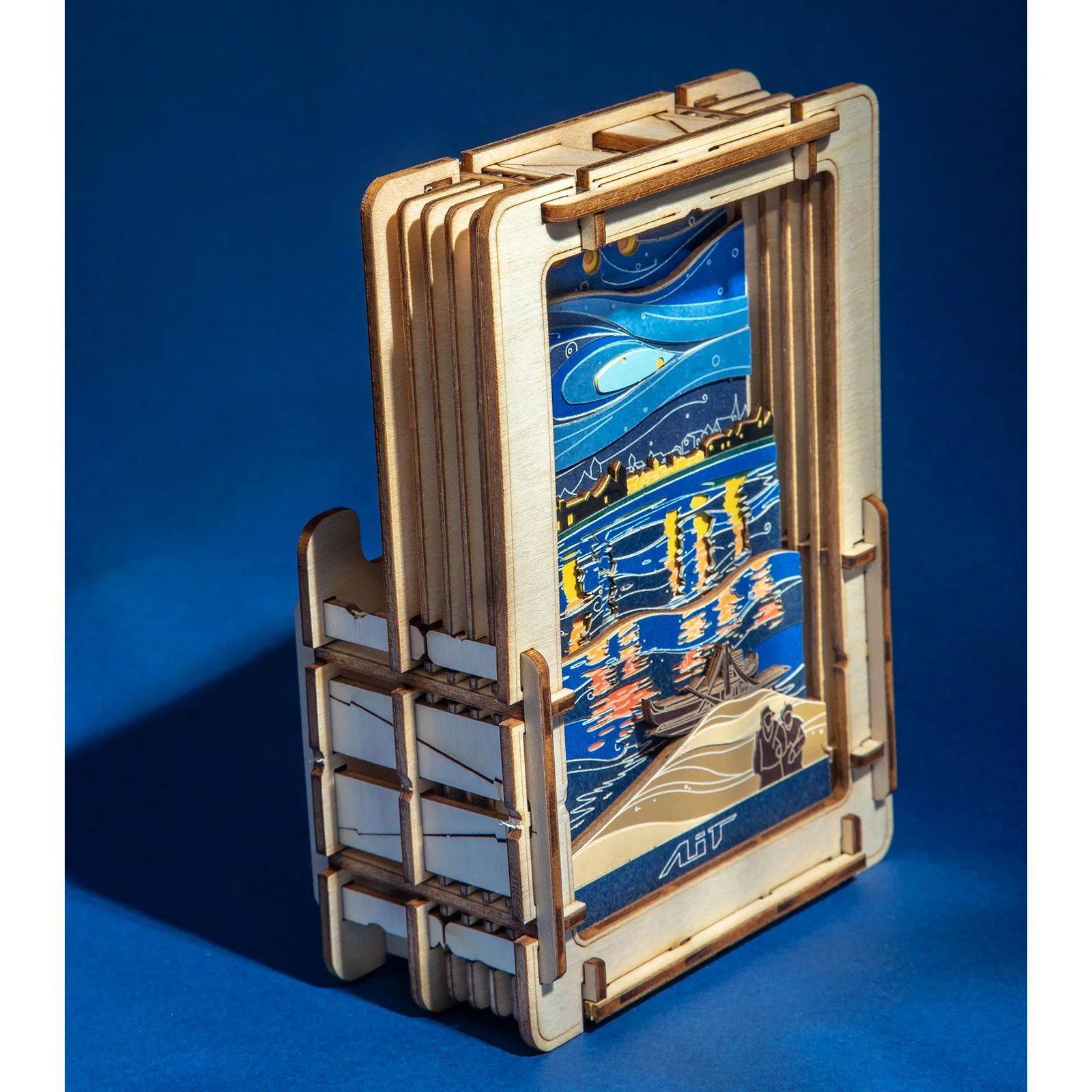 

3D Wooden Puzzle Holder DIY Assembly Creative Stereo Famous Painting Kit Toy - Rhone Starry Night/Wave/Starry Sky/Sunflower Type