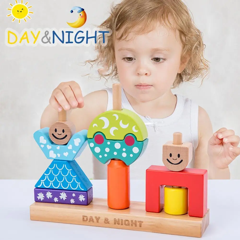 

Wooden Sun Moon Day Night Pillar Blocks Shape Stacking Educational Kids Toy