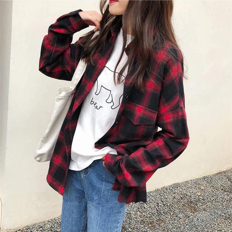 

Women Spring Autumn Style Vintage Blouses Shirts Lady Casual Long Sleeve Plaided Printed Turn-down Collar Blusas Tops DF3075