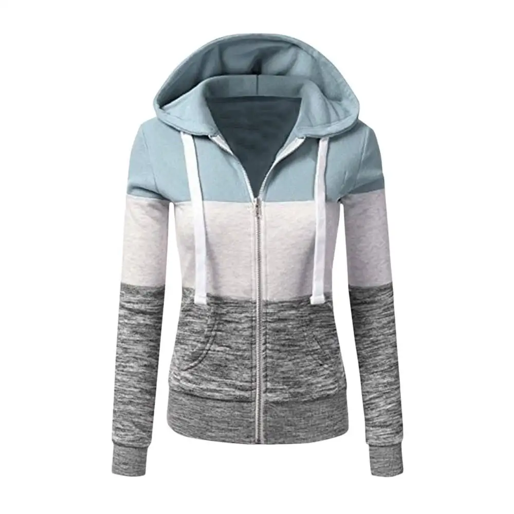 

Women Zip Up Hoodie Long Sleeve Sweatshirts Autumn Hooded Jacket Ladies Pocket Patchwork Drawstring Sweatshirts