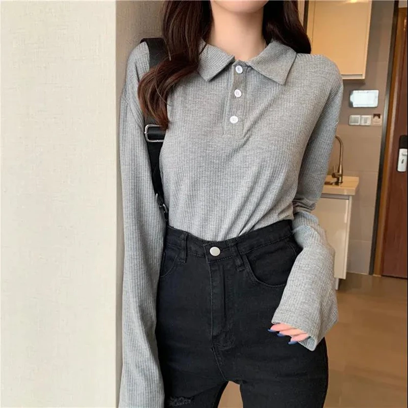 

Antumn Winter Polo Lapel Knitted Shirt Knitwear Long-Sleeve Sweaters Elastic Crop Tops Coat Jumpers Women Fashion Black Grey