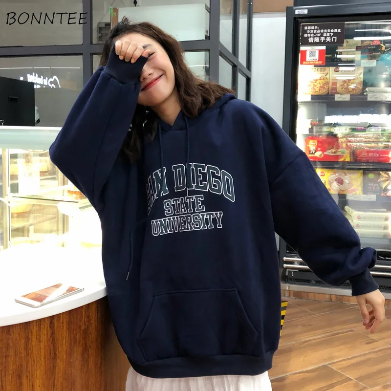 Женские толстовки с капюшоном, свободные, с буквенным принтом, Kawaii, Harajuku, подходят ко всему, с большими карманами, Корейская Студенческая мягкая верхняя одежда, женские повседневные женские свитшоты