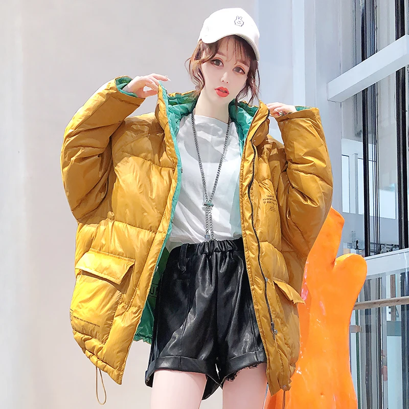 

Korean Style Women's 2021 Winter New Print Letter Stitching Down cotton Hooded Jacket Loose Thicken Parka Coat Female Streetwear