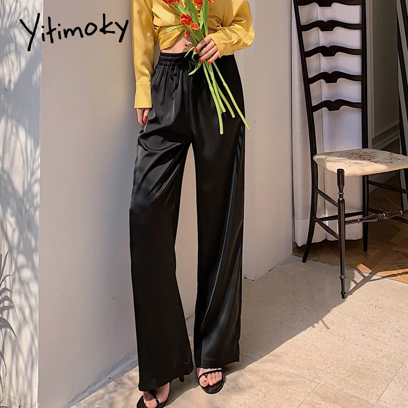

Yitimoky Satin Silk Pants Women Wide Leg Loose Drawstring Office White Pants Fashion Black Elastic High Waist Trousers 2021