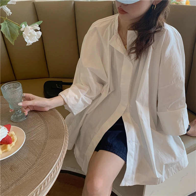 

IEQJ Women White Daliy All Match Minimalism Big Size Blouse New O-neck Long Sleeve Loose Shirt Fashion Tide Summer 2021 3F0350