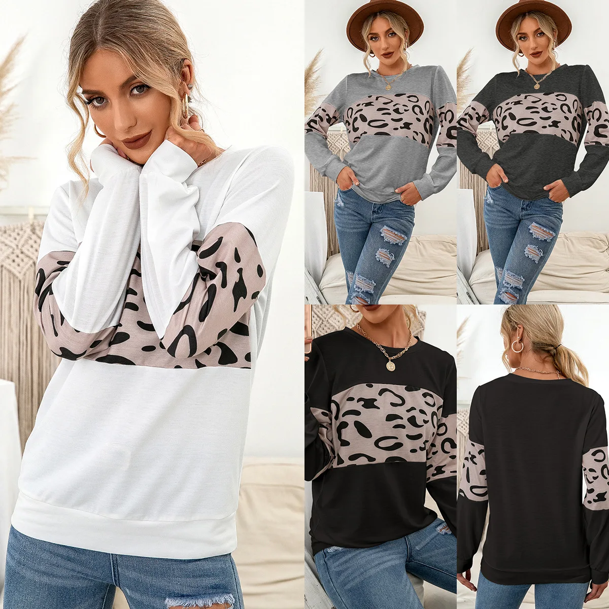 

Sweatshirt Women Leopard Print Knitted Hoodie Vintage Long Sleeve Top Spring Autumn Femme Crewneck Itself T Shirt Top