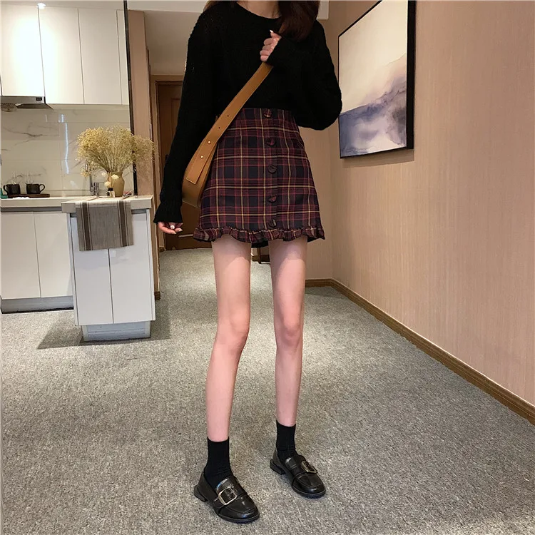 

Plaid skirt Chic Ruffled Mini Women Skirt High Waist Trumpet Short Skirts Ladies Casual Irregular Skirt