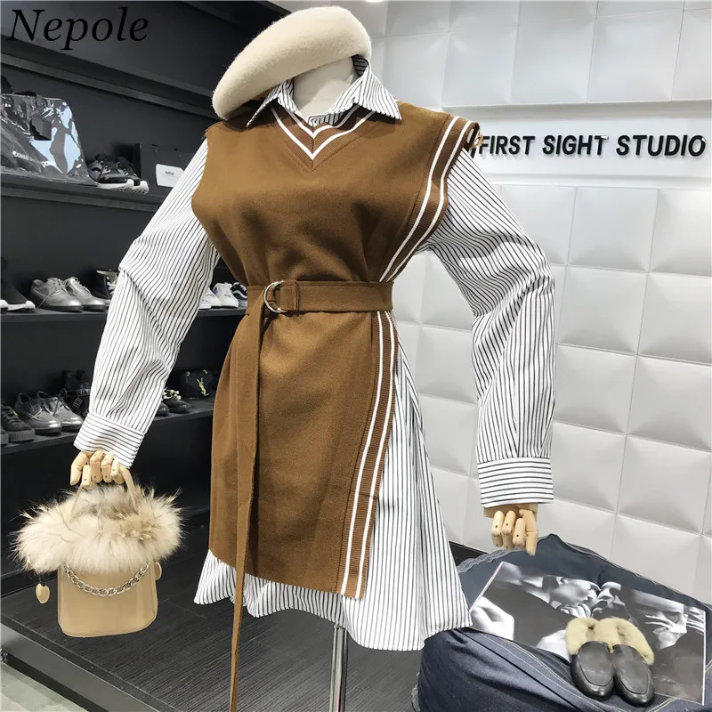 Модный комплект из двух предметов длинная рубашка в полоску + жилет с поясом