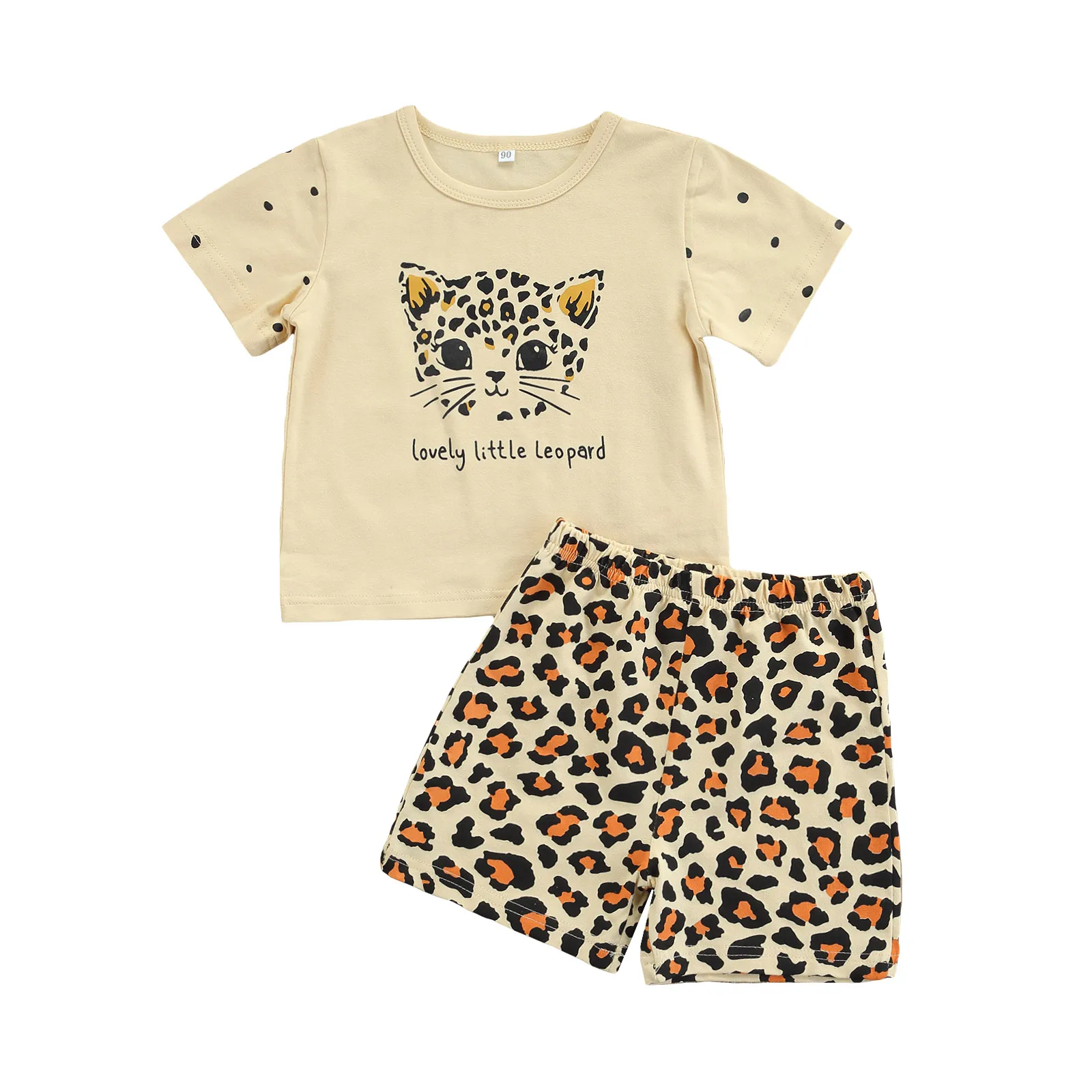 

Kids Animal & Letter Print Round Neck Short Sleeve T-shirt + Leopard Shorts