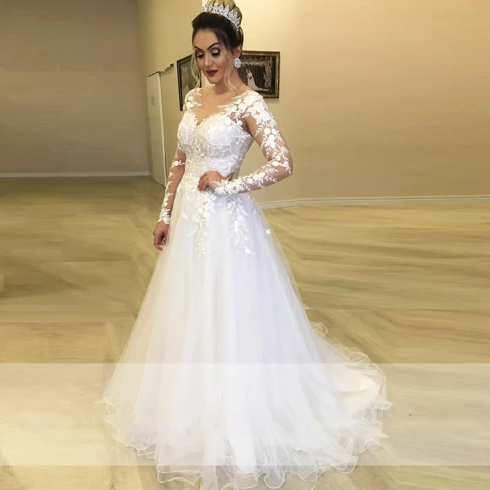 

A-line Lace Wedding Dress Applique Sheer Long Sleeves Dresses For Marriage Bridal Gown Party Formal robe de soiree