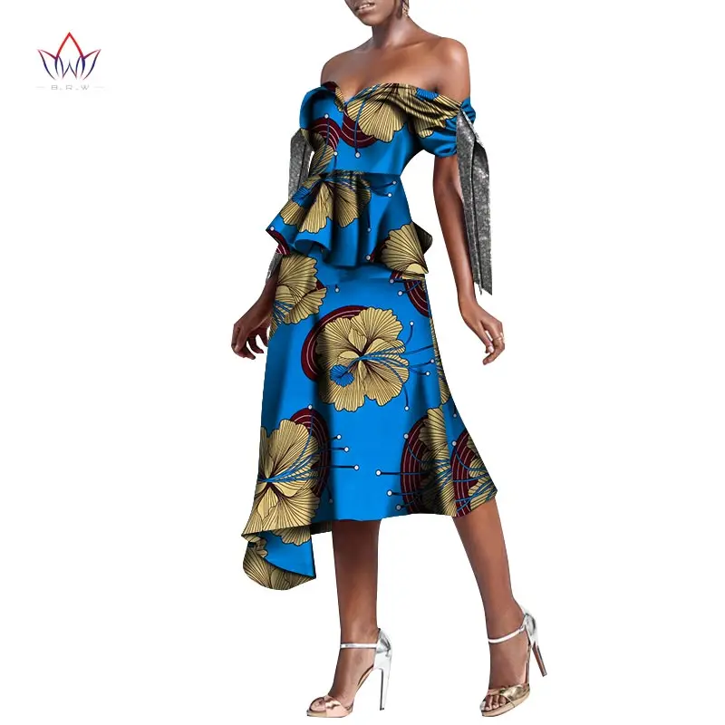 

Bintarealwax African Ankara Dress Bazin Riche Off-Shoulder Evening Party Clothes Plus Size 7XL Dresses for Women WY8586