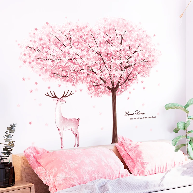 

Cherry Flowers Wall Stickers Art Tree Cartoon Deer Pink Decals Living Room Kids Girl Bedroom Decoration Self Adhesive Wallpaper