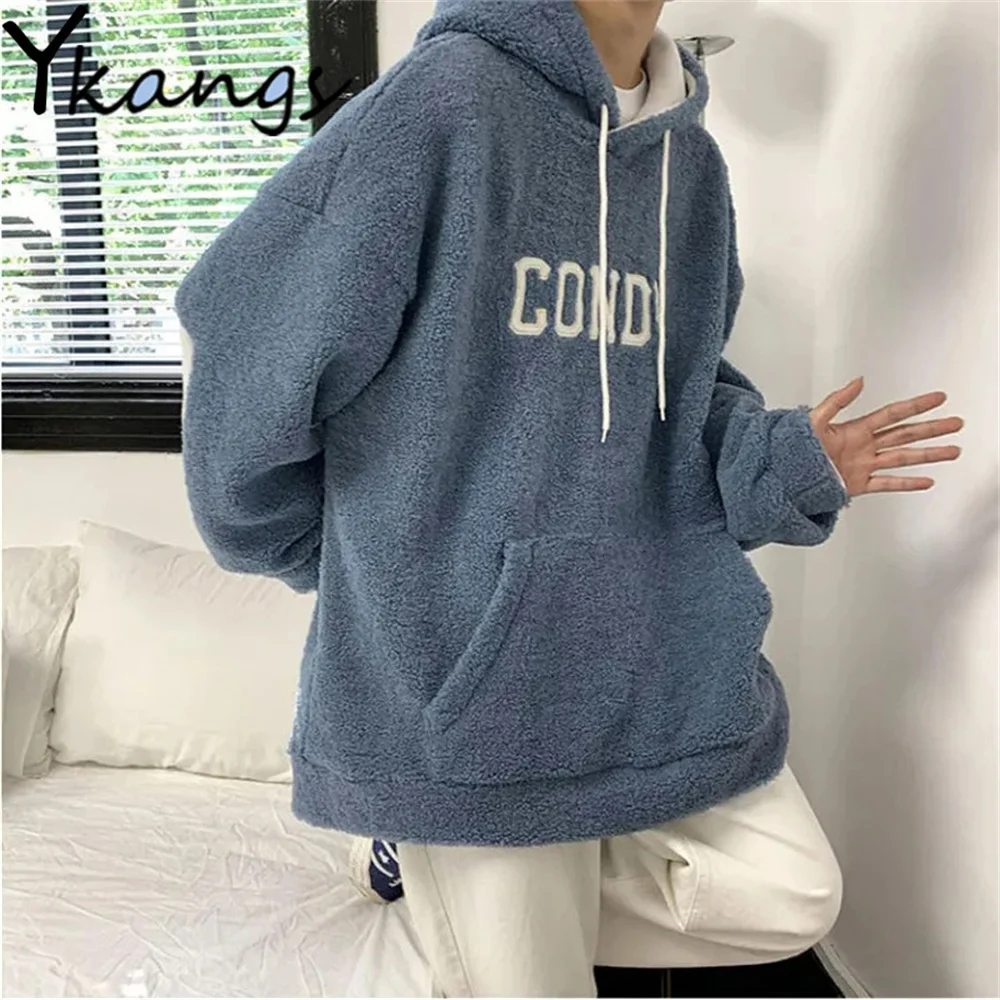 

Корейский стиль толстовка из искусственной овечьей шерсти с капюшоном уличная одежда свободные толстовки с длинным рукавом на осень и зиму...