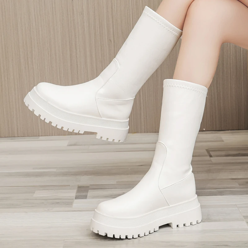 

Rimocy 2021 New Slip on Mid Calf Boots Women Autumn Winter Pu Leather Platform Boots Woman Comfort Non Slip Casual Botas Ladies