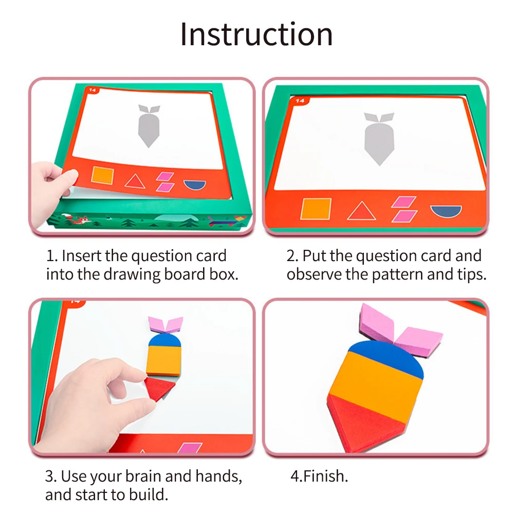 

Magnetic Geometry Puzzle Wooden Block Early Education with Whiteboard Dry-Erase Pen Design Cards for Age 3+ Boys & Girls