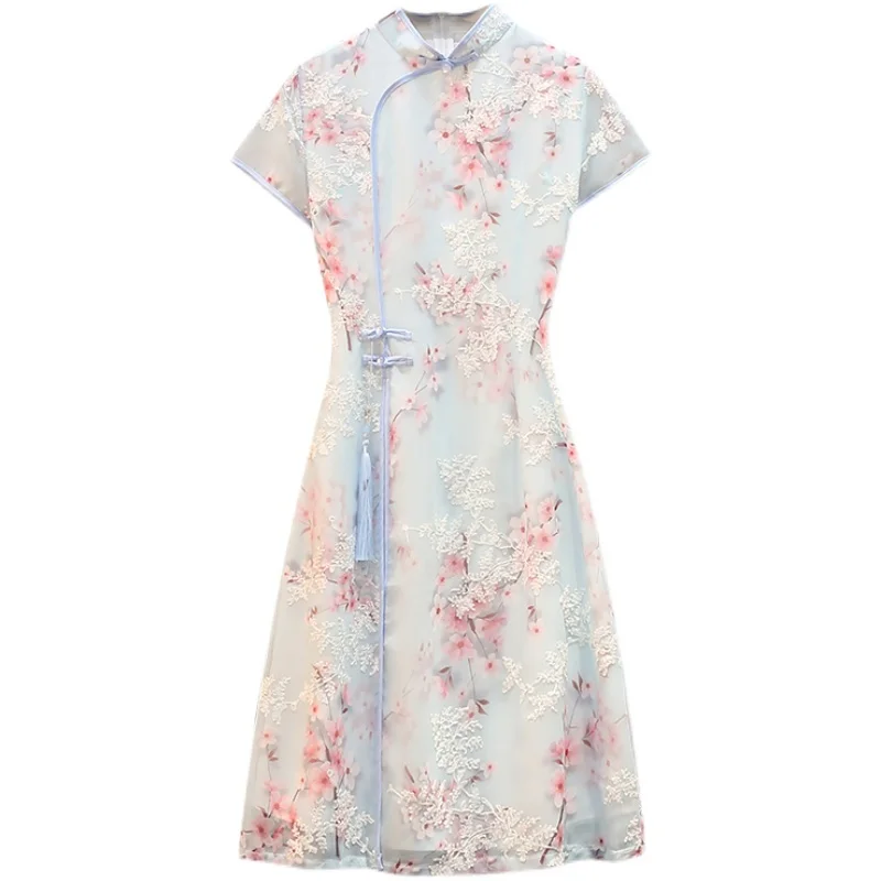 

EHQAXIN Summer Plus Size Women's Fashion Slim Light Blue Cheongsam Dress Knitted Print Elegant Tops Chinese Style Shirt L-4XL