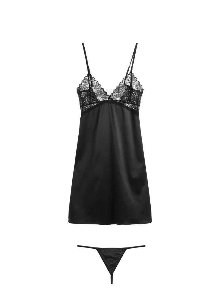 

Sexy Female Pajamas Set Women Sleepwear Nightwear Lace Sling Nightdress Home Wear Dress Black Pink Red