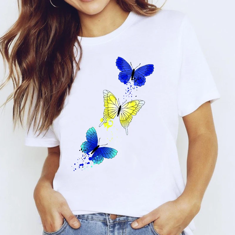 

Women Butterfly Cartoon T-shirts Watercolor Fashion Printing Top Femme Tshirt Harajuku O-neck Casual Tee Ladies Short Sleeve