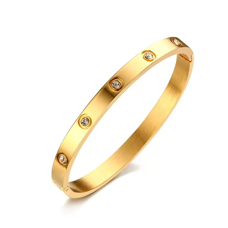 

Gold color cuff bracelet women stainless steel with CZ Stones Bangle Girl Friend gift