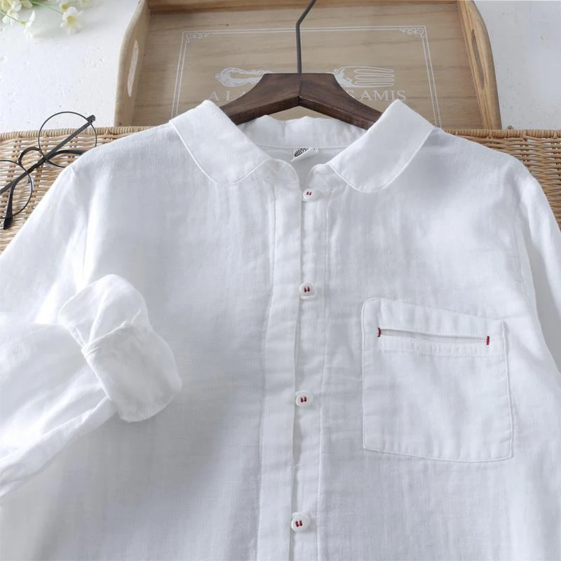 Spring Korea Fashion Women Peter Pan Collar Loose White Long Shirts 100% Cotton All-matched Casual Blouses Femme Tops S657