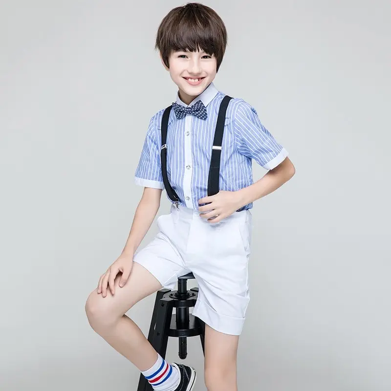 Летний костюм для мальчиков синий начальной рубашки школьной формы + шорты