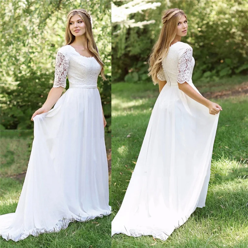 

2021 Latest Fashion New Simple And Lightweight Wedding Dress Lace Round Neck Sleeves Sexy