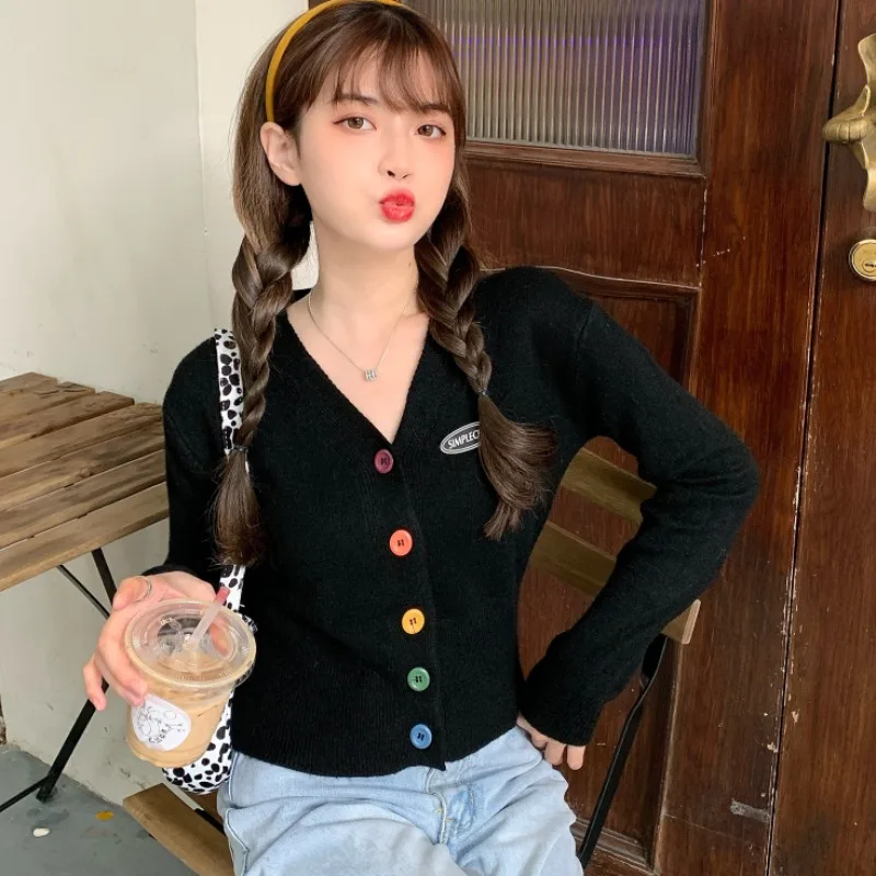 

Color buttons fashion brand long sleeve v-neck casual japan crop tops spring fall women clothing cardigans knitted sweaters ins