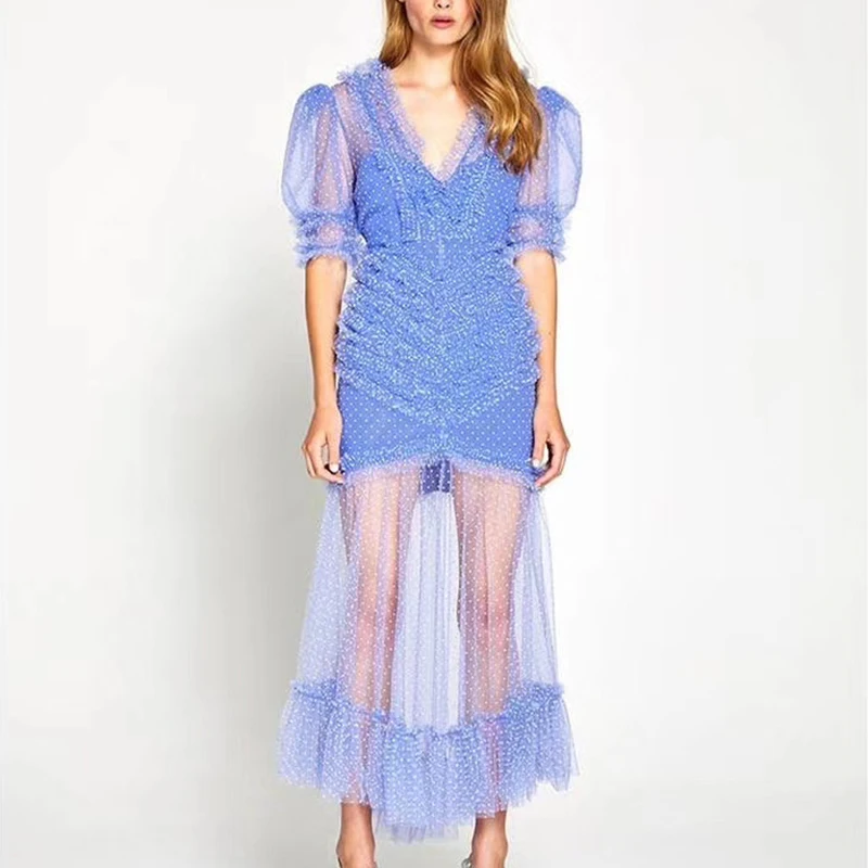 Женское платье макси в горошек летнее Сетчатое Полупрозрачное с высокой талией и