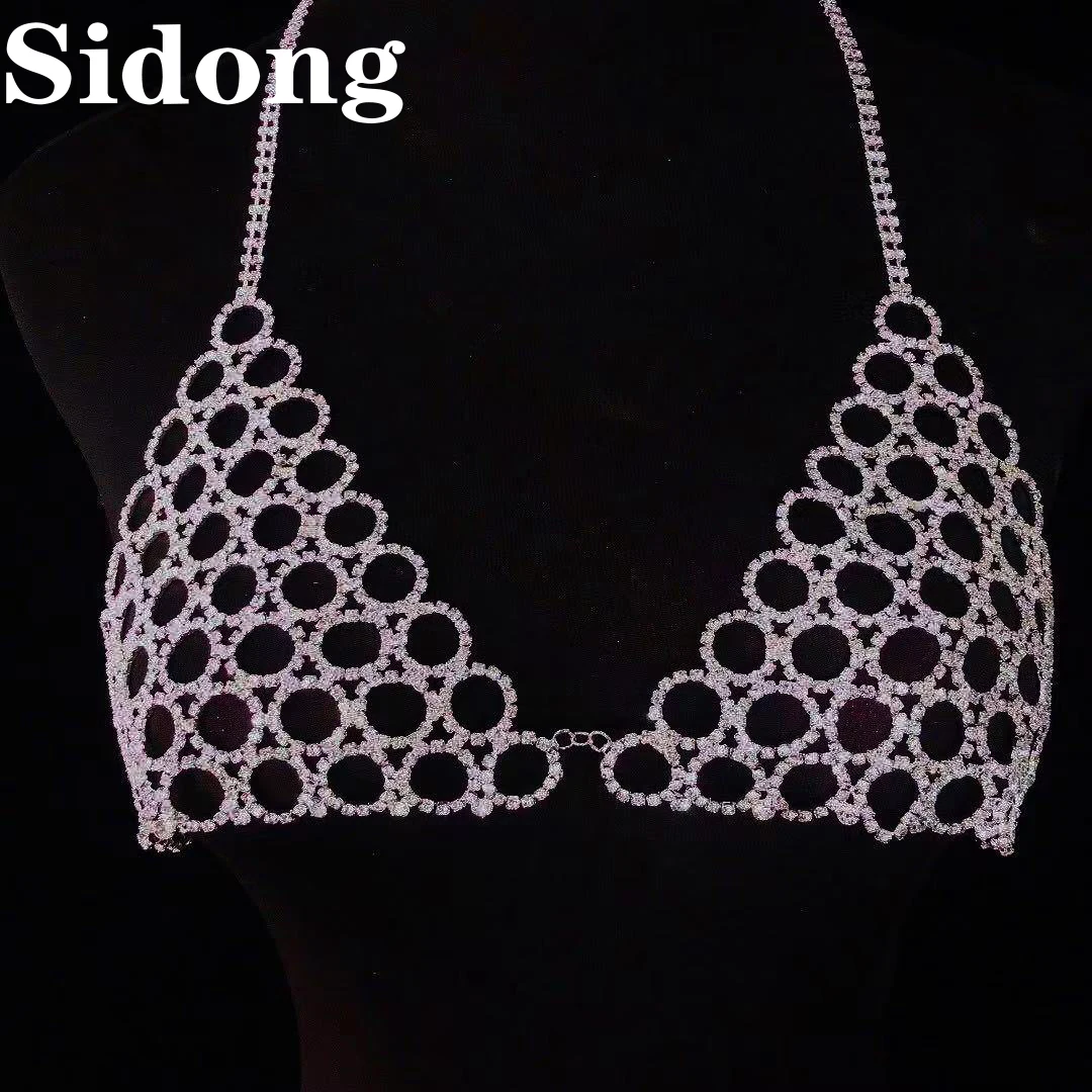 

2021 latest sexy women's round hollow out body chain bra luxury shining crystal beach bikini and thong jewelry accessories whole