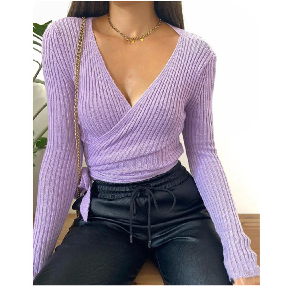 

Europe The United States Popular New Spring Solid Color Long Sleeve V-Neck Lace-Up Knitted Sweater