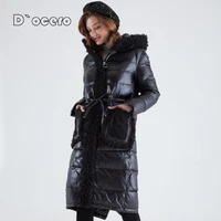 docero 2021 new winter jacket women faux fur parkas female long quilted coat with belt thick cotton hooded fashion outerwear