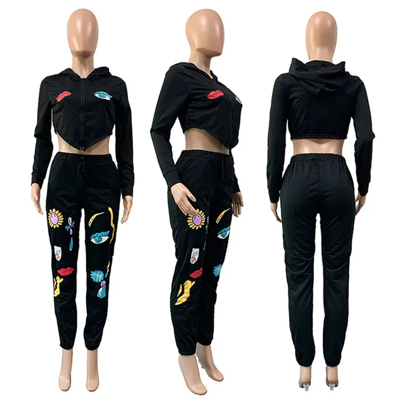 

FIXSYS Fashion Print Women Tracksuit Casual Active Two Piece Set Zipper Long Sleeve Hoodies Top Sweatpants Sporty Suits