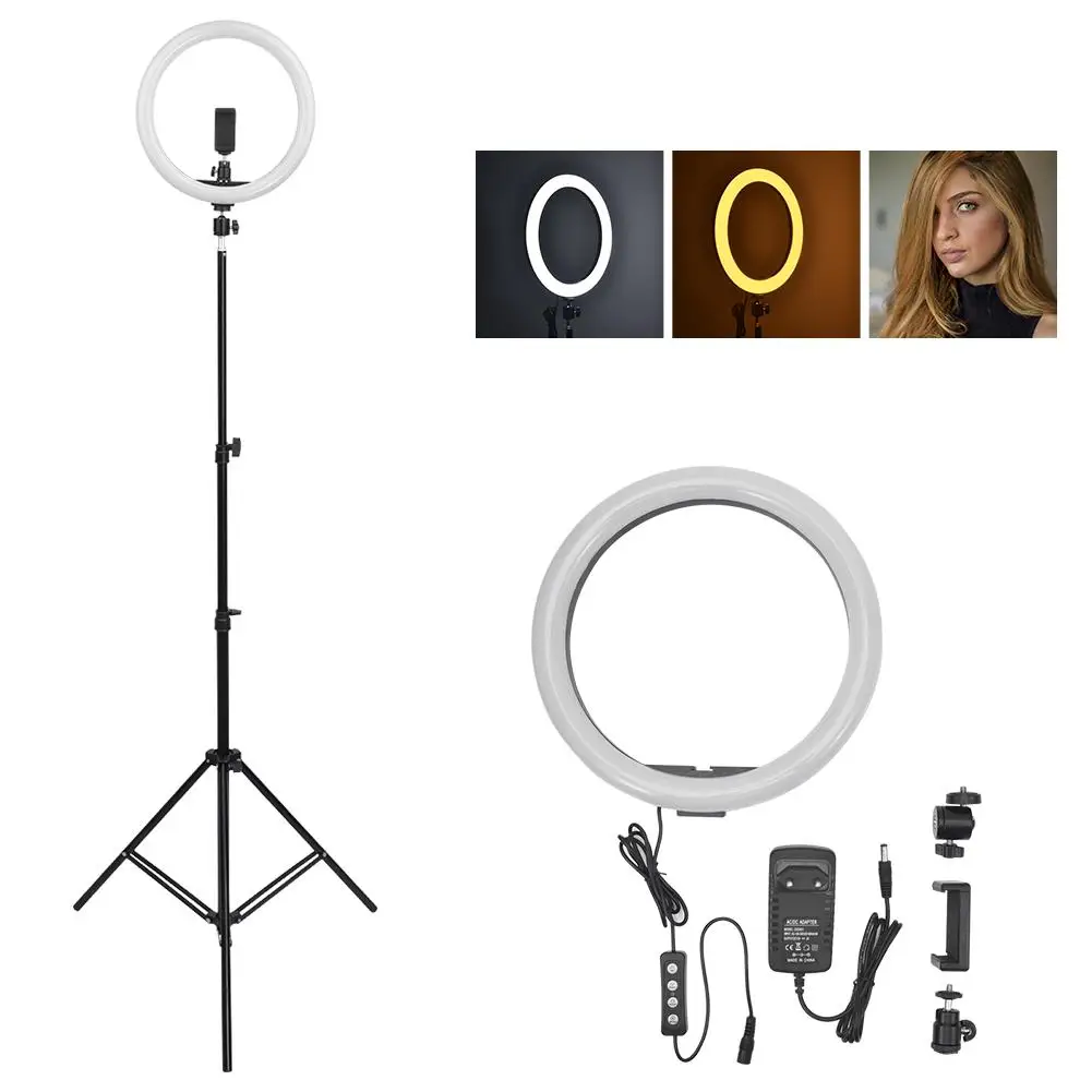 

Кольцевой светодиодный светильник для фотосъемки, 24-36 Вт, 5500 к, с регулируемой яркостью, с держателем для телефона, без штекера, со штативом