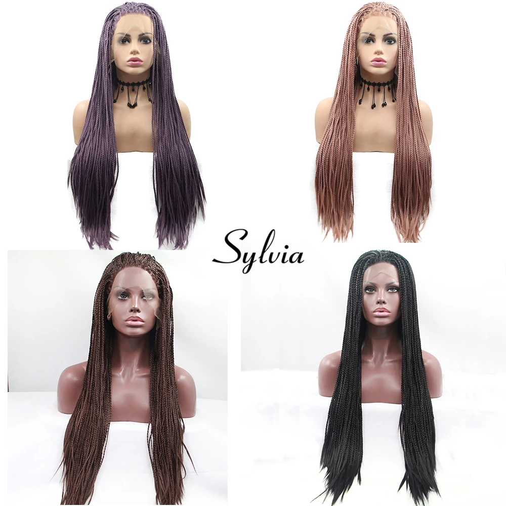 Sylvia Natural Braided Box Braids Synthetic Lace Front Wigs Heavy Density Half Hand Tied Braiding Heat Resistant Fiber Hair