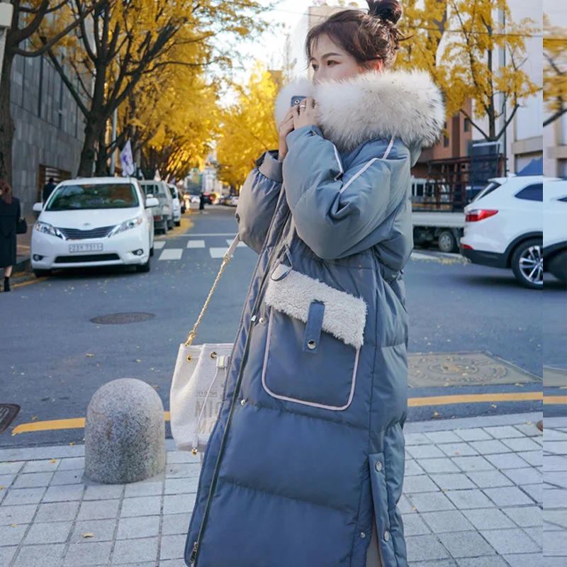 

2021 большой карман с капюшоном, длинный хлопковый пуховик, Регулируемая Талия, одежда для женщин, корейский стиль, зимняя теплая Модная парка...