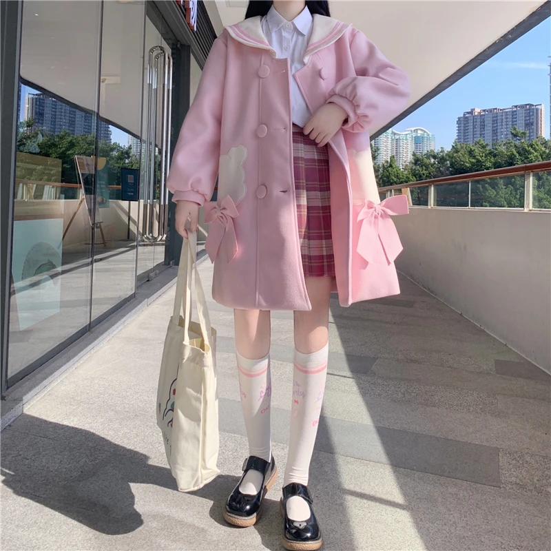 

Sweet Girl Pink Lolita Wool Trend Coat Autumn Winter Women Cute Bear Embroidery Bow Loose Overcoat Female Kawaii Warm Jackets