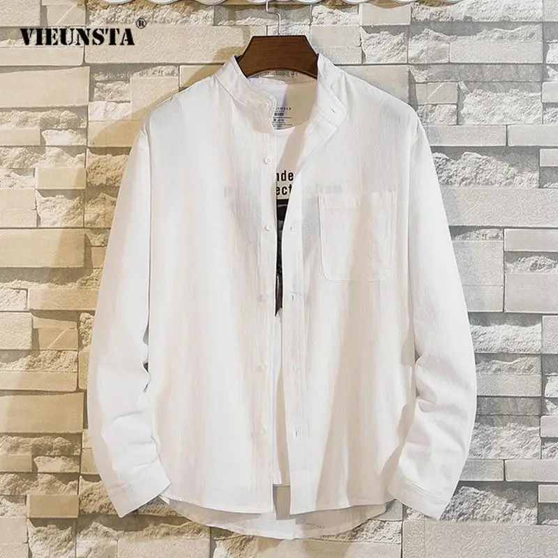 

2021 Casual Cotton Linen Shirts For Men Solid Stand Collar Button Tops Cardigan Mens Autumn Fashion Long Sleeve Shirt Streetwear