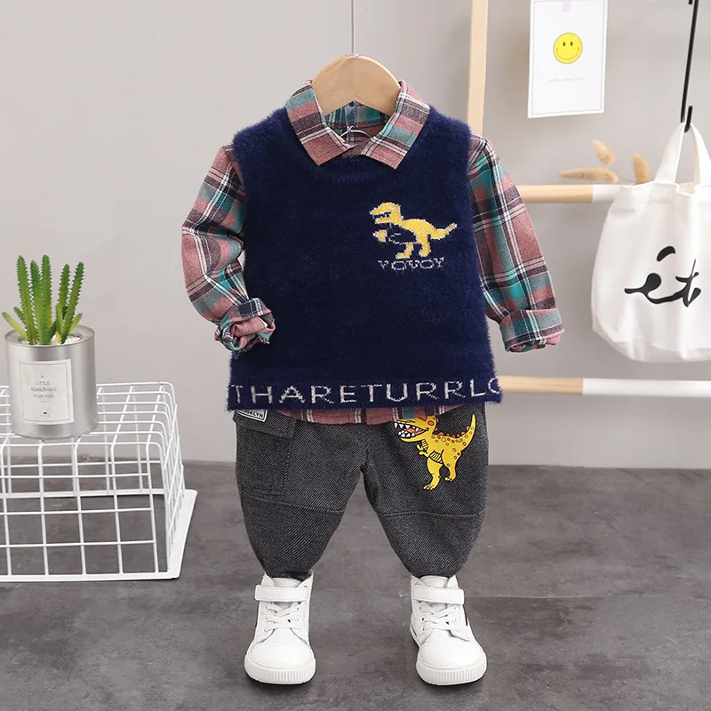 Spring Autumn Clothes Baby Boy Cotton Children Lattice Shirts Vest Pants 3Pcs/sets Infant Outfit Kids Fashion Toddler Tracksuits | Детская