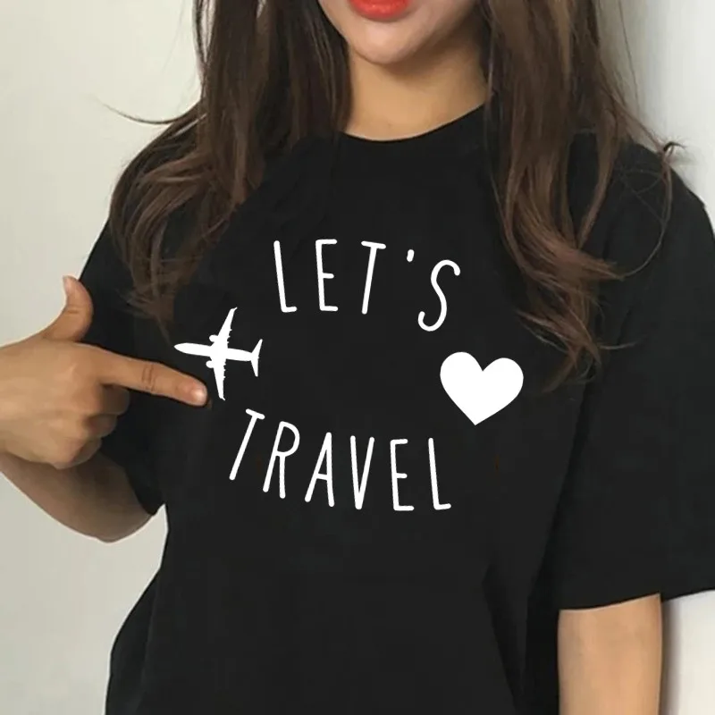 Женская забавная футболка Let's Travel женские повседневные черные топы с короткими