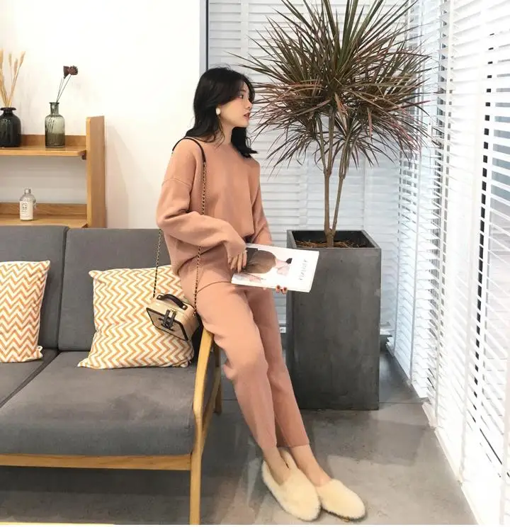 

Women Sweater Set Autumn and Winter Two Piece Knitted Pant Sets Casual Tracksuit Solid Pullover Sweater Long Pants Sport Suit
