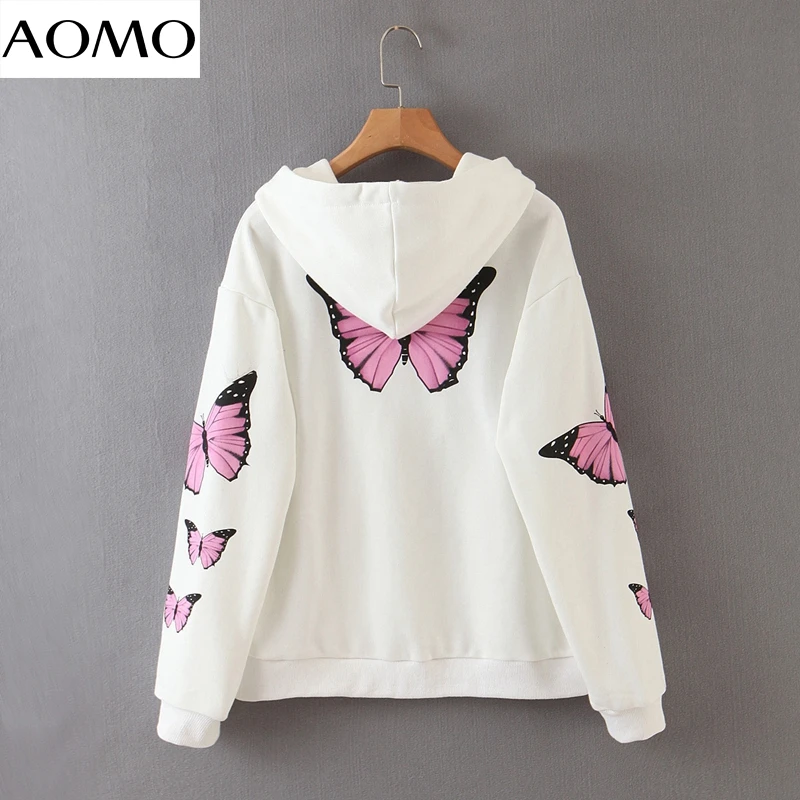 

AOMO women thin print white jacket hood female long sleeve zipper ladies oversized jackets outwear SL70A