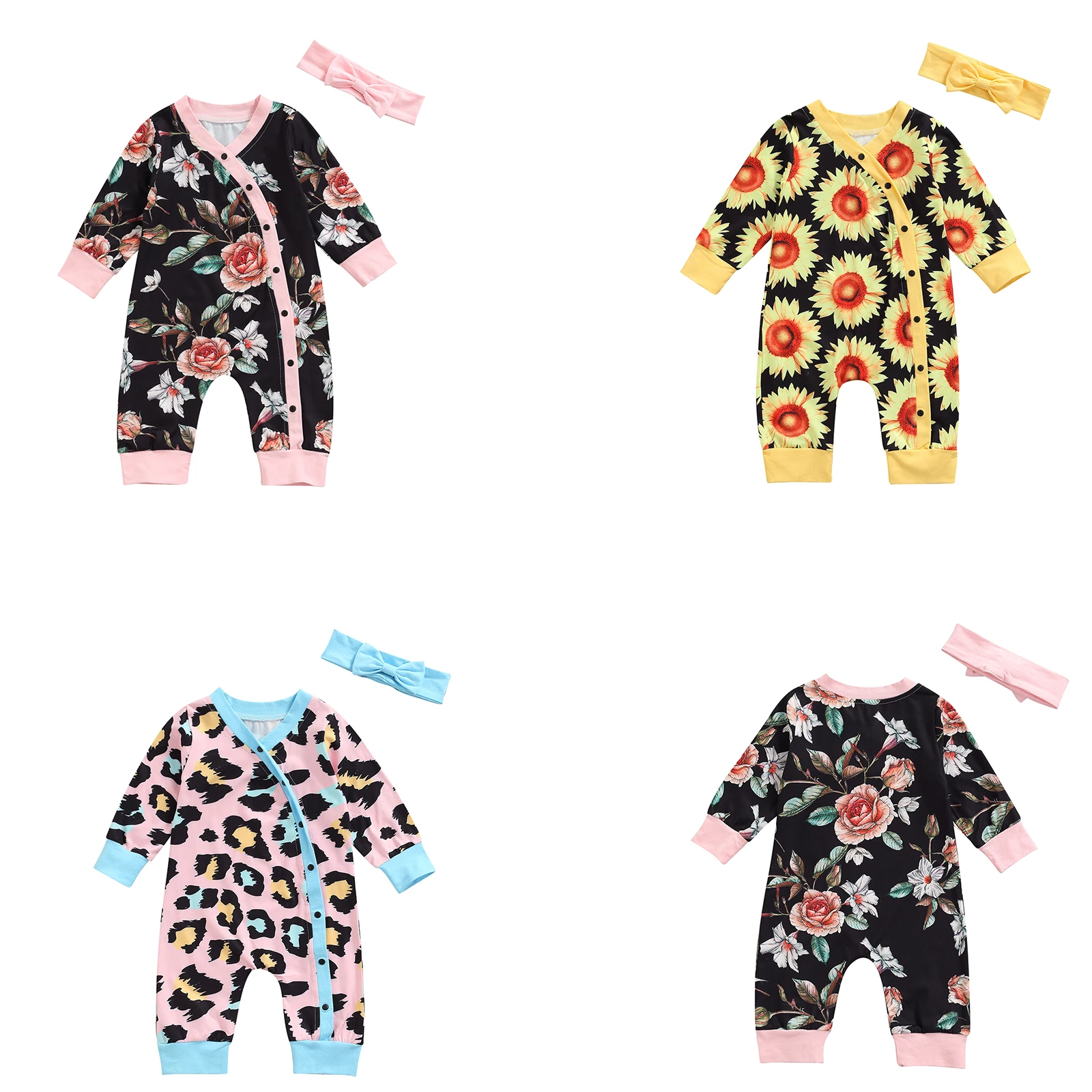 

Kids Cotton Sunflower Floral Print V-Neck Long Sleeve Baby Romper Headband Spring Infant Baby Clothing 0-24 Months