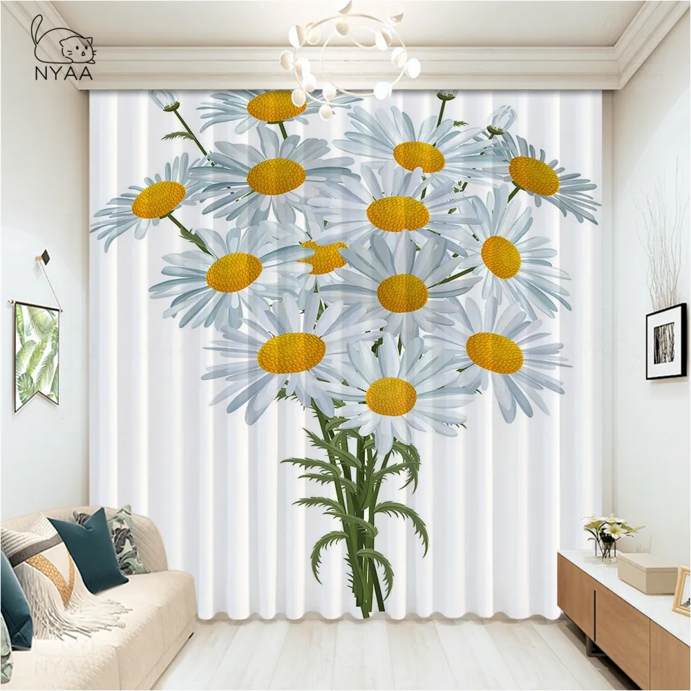 Занавеска с акварельными маргаритками и цветами оконная Фотоштора для